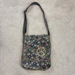Vintage 90s Y2K Floral Embroidered Peace Sign Crossbody Messenger Bag